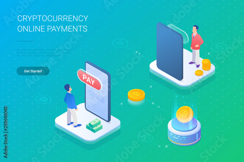 Online Payment Worldwide with Bitcoin cryptocurrency by Global network platform Isometric flat vector illustration.