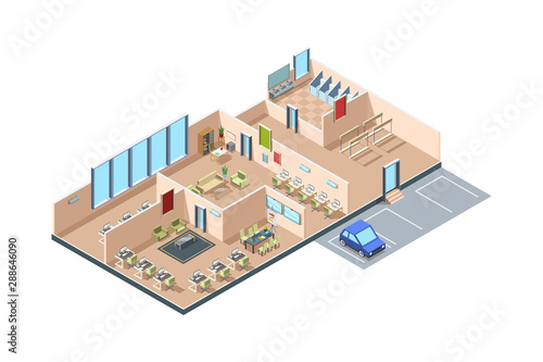 Coworking. Zone startup loft modern open space business office creative rooms with furniture vector isometric interior. Office space with interior workplace, workspace coworking illustration
