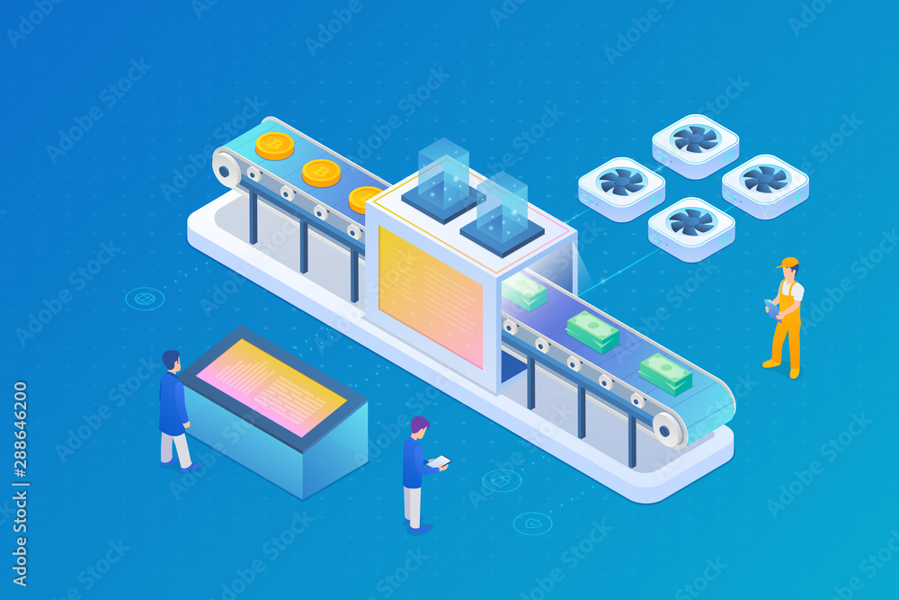 Bitcoin Cryptocurrency Mining farm pool abstract device isometric flat vector illustration. Convert bitcoin to cash dollar. Money laundering concept. Bitcoin Cryptocurrency Mining farm pool abstract device isometric flat vector illustration. Convert bitcoin to cash dollar. Money laundering concept.
