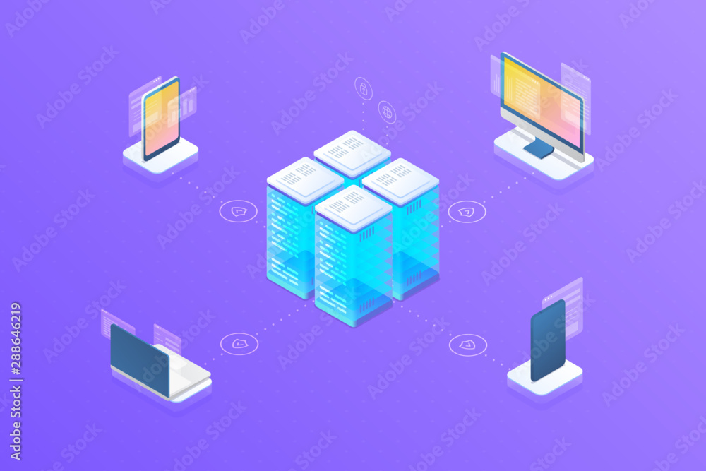 Security Data information protection sync synchronization devices with server. Isometric flat vector objects: desktop computer monitor, smartphone mobile phone, laptop notebook, tablet PC Security Data information protection sync synchronization devices with server. Isometric flat vector objects: desktop computer monitor, smartphone mobile phone, laptop notebook, tablet PC