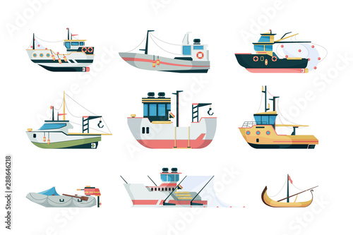 Fishing ship. Marine sea or ocean transport different fishing sailing boats vector flat pictures. Fishing transport industrial, trawler and fishery boat illustration