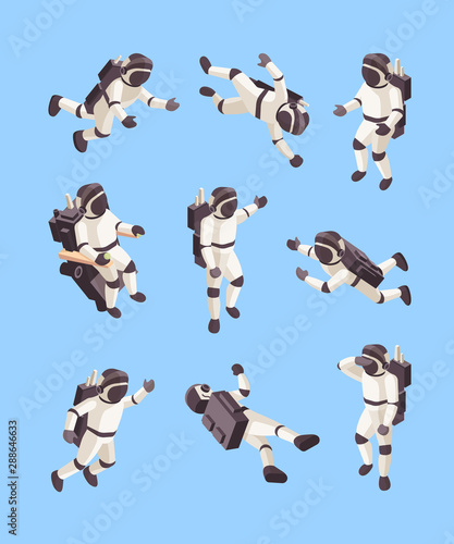 Spaceman isometric. Future human explorer space floating astronaut in special costume planet orbit cosmo character vector 3d. Illustration mission interstellar, man discovery and flying illustration