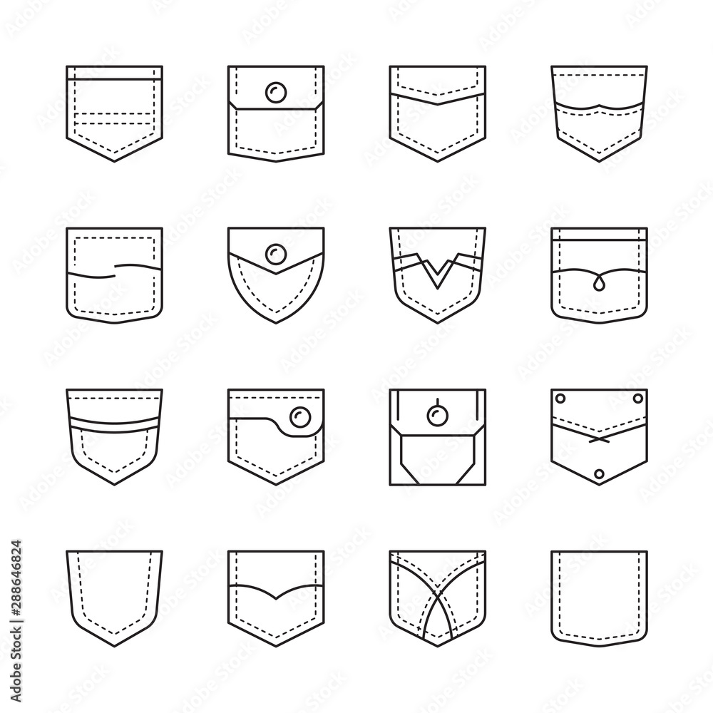 Pocket shapes. Textile sew clothe pockets bag casual style vector template.  Pocket classic sewing, stitch shape apparel illustration Stock Vector