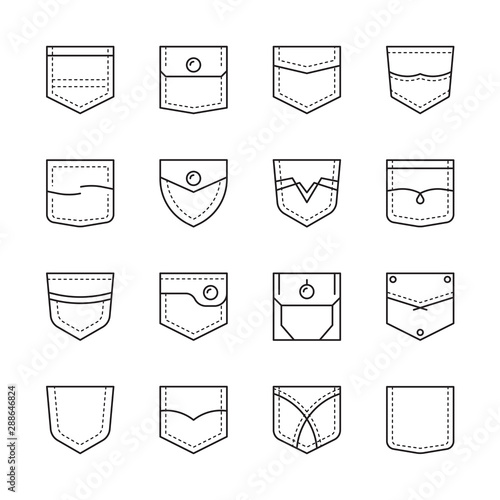 Pocket shapes. Textile sew clothe pockets bag casual style vector template. Pocket classic sewing, stitch shape apparel illustration