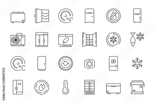 Freez icon. Refrigerator freezer in interior for food compact and commercial portable fridges vector line symbols. Refrigerator equipment, fridge and freezer, freeze cooler, ice box icons illustration