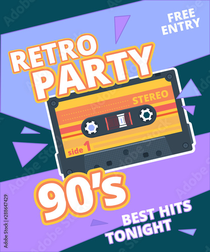 Retro party poster. 90s label with stereo audio cassette music background vector placard. Poster retro party 90s, flyer with retro cassette
