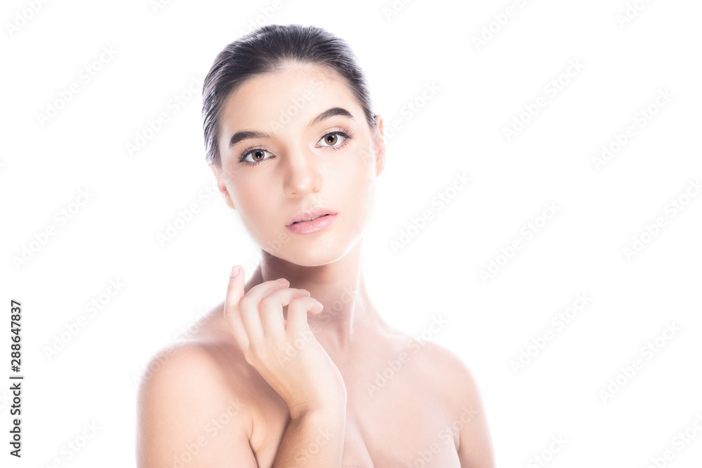 Beauty woman face isolate in white background. Young caucasian girl, perfect skin, nude, message, spa, beauty treatment concept. Side pose, finger touch cheek. Beauty woman face isolate in white background. Young caucasian girl, perfect skin, nude, message, spa, beauty treatment concept. Side pose, finger touch cheek.