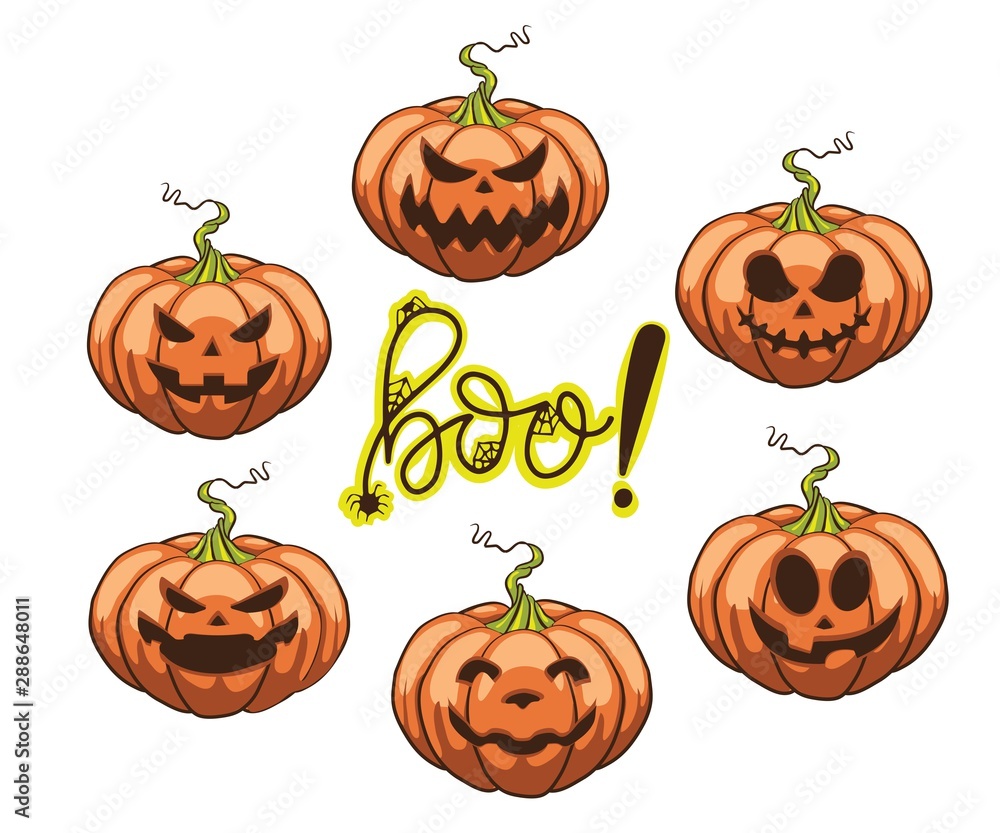 Halloween pumpkin with funny scary faces different shapes and colors Halloween pumpkin with funny scary faces different shapes and colors