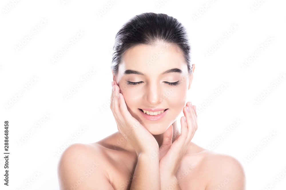 Beauty woman face isolate in white background. Young caucasian girl, perfect skin, cosmetic, spa, beauty treatment concept. Two hands on jaw, close eye, big smile. Beauty woman face isolate in white background. Young caucasian girl, perfect skin, cosmetic, spa, beauty treatment concept. Two hands on jaw, close eye, big smile.