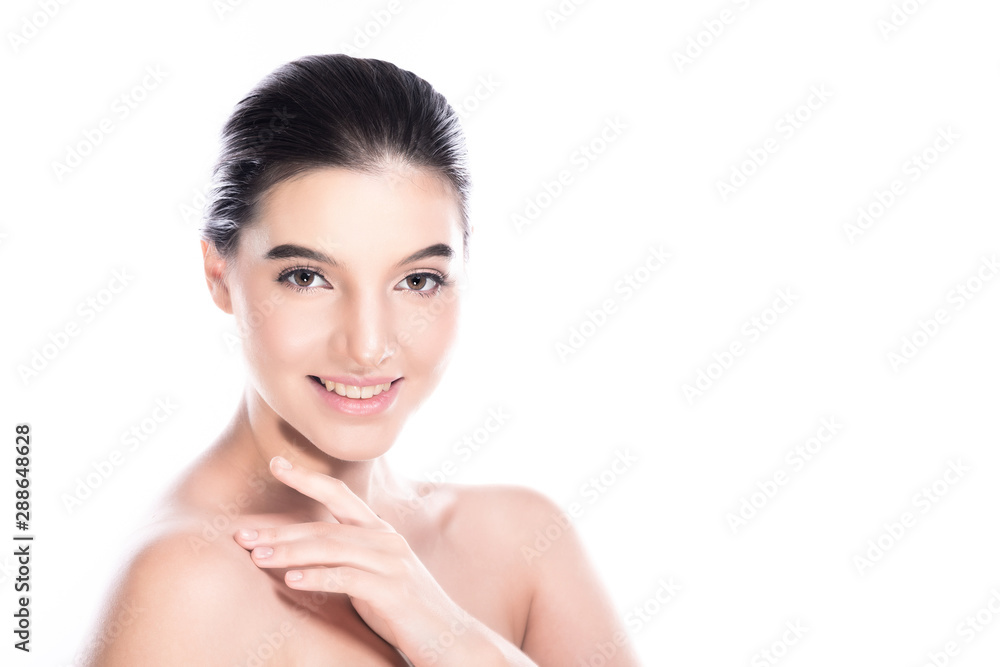 Beauty woman face isolate in white background. Young caucasian girl, perfect skin, cosmetic, spa, beauty treatment concept. Side shot, hand on shoulder, big smile. Beauty woman face isolate in white background. Young caucasian girl, perfect skin, cosmetic, spa, beauty treatment concept. Side shot, hand on shoulder, big smile.