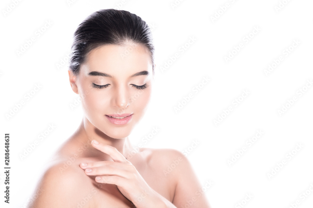 Beauty woman face isolate in white background. Young caucasian girl, perfect skin, cosmetic, spa, beauty treatment concept. Side shot, hand on shoulder, close eyes, smile. Beauty woman face isolate in white background. Young caucasian girl, perfect skin, cosmetic, spa, beauty treatment concept. Side shot, hand on shoulder, close eyes, smile.