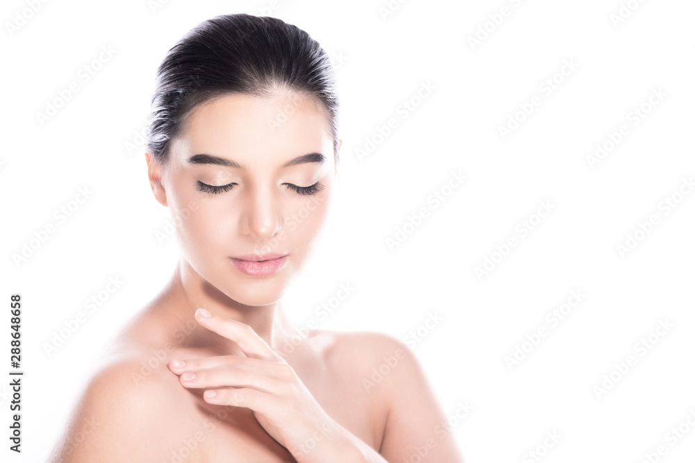 Beauty woman face isolate in white background. Young caucasian girl, perfect skin, cosmetic, spa, beauty treatment concept. Side shot, hand on shoulder, close eyes. Beauty woman face isolate in white background. Young caucasian girl, perfect skin, cosmetic, spa, beauty treatment concept. Side shot, hand on shoulder, close eyes.