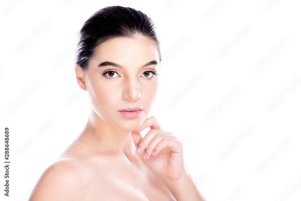 Beauty woman face isolate in white background. Young caucasian girl, perfect skin, cosmetic, spa, beauty treatment concept. Side shot, one finger touching jaw. Beauty woman face isolate in white background. Young caucasian girl, perfect skin, cosmetic, spa, beauty treatment concept. Side shot, one finger touching jaw.