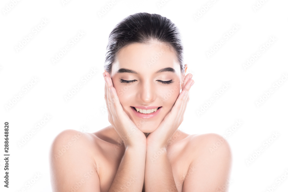 Beauty woman face isolate in white background. Young caucasian girl, perfect skin, cosmetic, spa, beauty treatment concept. Both hands on face, eye close, big smile. Beauty woman face isolate in white background. Young caucasian girl, perfect skin, cosmetic, spa, beauty treatment concept. Both hands on face, eye close, big smile.