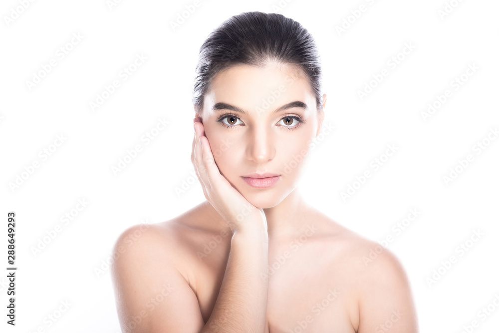 Beauty woman face isolate in white background. Young caucasian girl, perfect skin, cosmetic, spa, beauty treatment concept. Right hand on cheek. Beauty woman face isolate in white background. Young caucasian girl, perfect skin, cosmetic, spa, beauty treatment concept. Right hand on cheek.