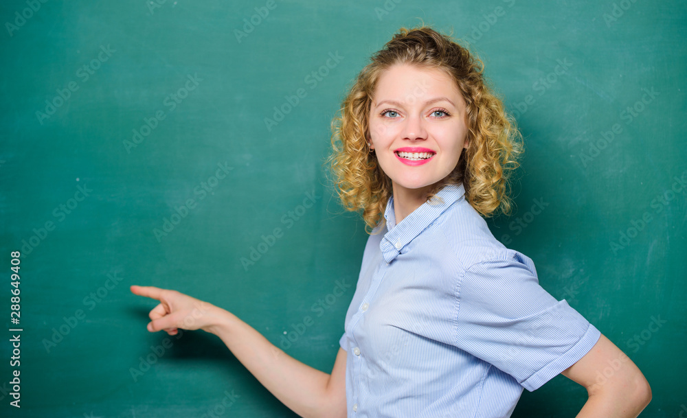 Pay attention. Teachers enlighten path of success. Woman teacher in front of chalkboard. Important information to remember. Teacher friend of learners. Teacher explain hard topic. Just look here