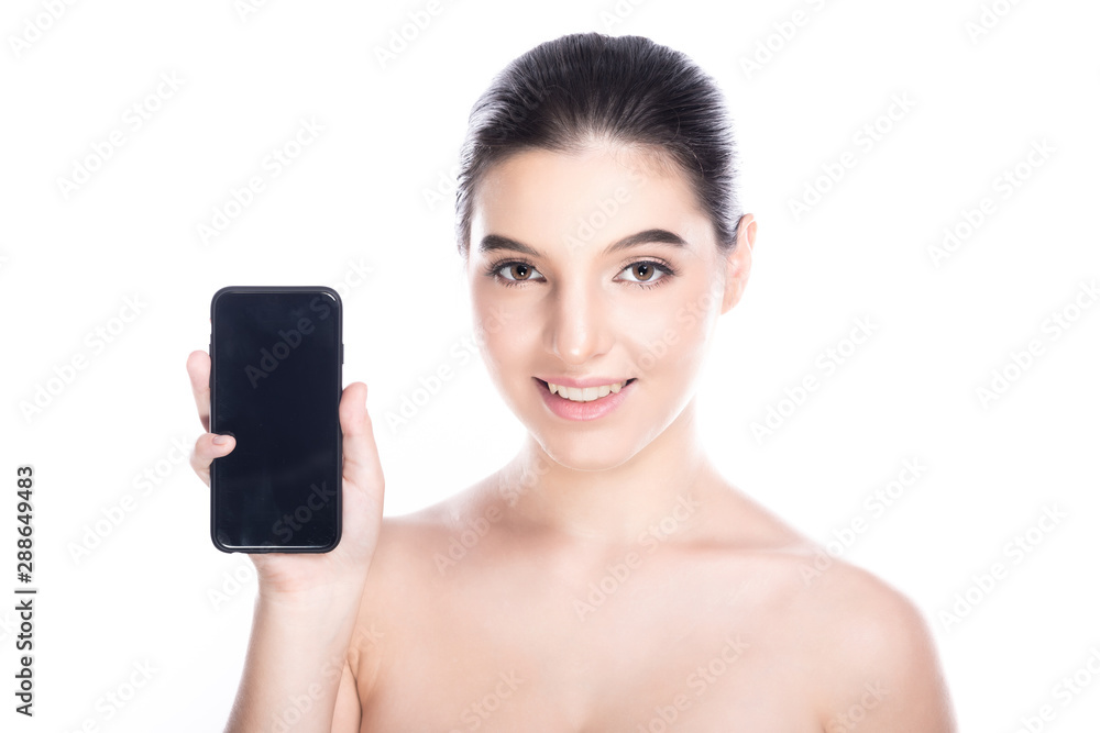 Beauty woman face holding phone isolate in white background. Young caucasian girl, perfect skin, beauty treatment app, payment, booking, social media concept. Happy smile. Beauty woman face holding phone isolate in white background. Young caucasian girl, perfect skin, beauty treatment app, payment, booking, social media concept. Happy smile.