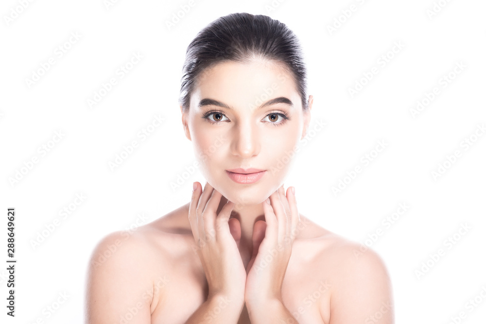 Beauty woman face isolate in white background. Young caucasian girl, perfect skin, cosmetic, spa, beauty treatment concept. Fingers on jaw, confident. Beauty woman face isolate in white background. Young caucasian girl, perfect skin, cosmetic, spa, beauty treatment concept. Fingers on jaw, confident.