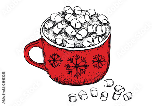 Mug with marshmallows. Doodle vector illustration.