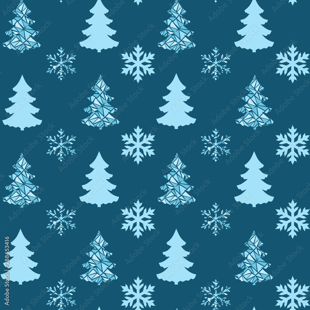 Vector Christmas pattern seamless of different  christmas tree and snowflakes, Christmas and New year design, blue tree and snowflakes on blue background