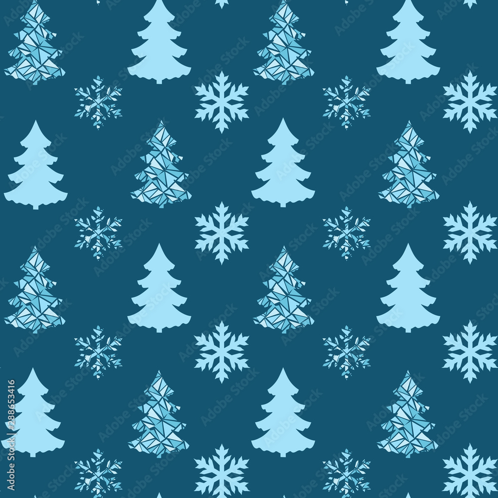Vector Christmas pattern seamless of different christmas tree and snowflakes, Christmas and New year design, blue tree and snowflakes on blue background Vector Christmas pattern seamless of different christmas tree and snowflakes, Christmas and New year design, blue tree and snowflakes on blue background
