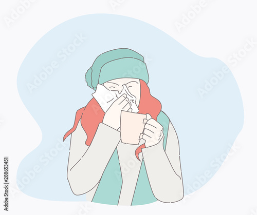 symptoms of a cold patient. hand drawn style vector design illustrations. runny nose character. Health And Pain. the girl is sick