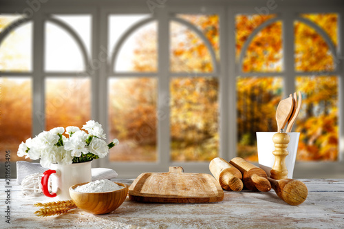 White wooden board of free space for your decoration and autumn time window 