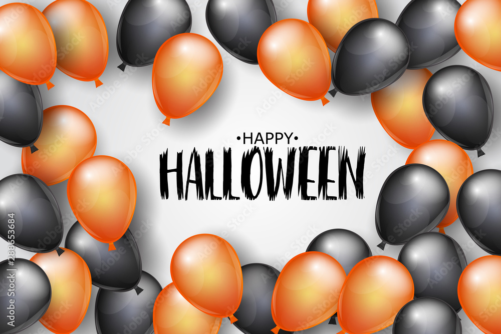 Happy Halloween design page or banner with black and orange helium balloons. Simple realistic vector illustration.