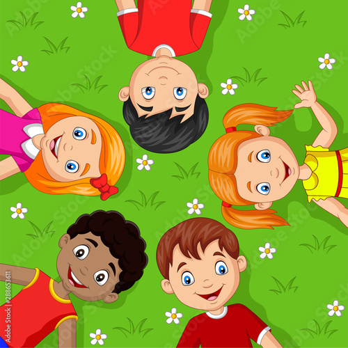 Cartoon children lying on grass