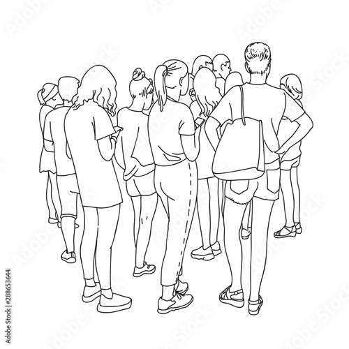 Contour line drawing group of people waiting in queue. Crowd standing. Women and men in line at the cash register.