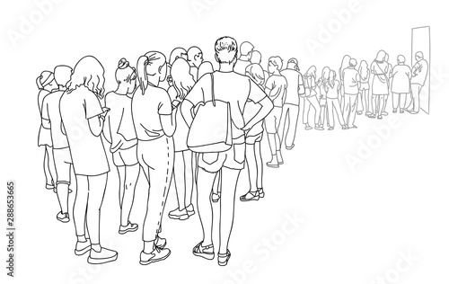 Contour line drawing group of people waiting in queue. Crowd standing. Women and men in line at the cash register.