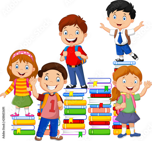 Happy schoolkids playing with stack of book