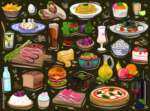 Set food, background ornament, vector illustration