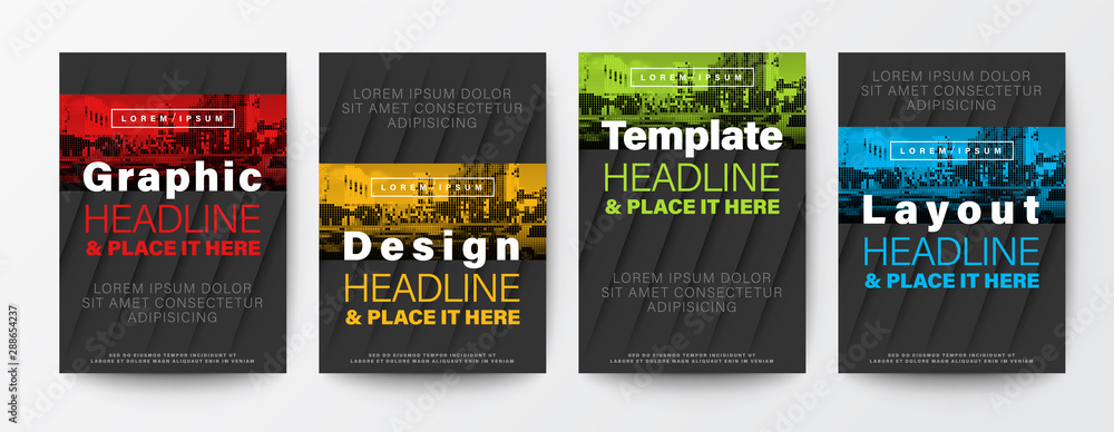 Set of Graphic Design template layout. Red, yellow, green, blue color stripe on black background for Brochure, Flyer, Poster, leaflet, Annual report, Book cover,  A4 size - obrazy, fototapety, plakaty 