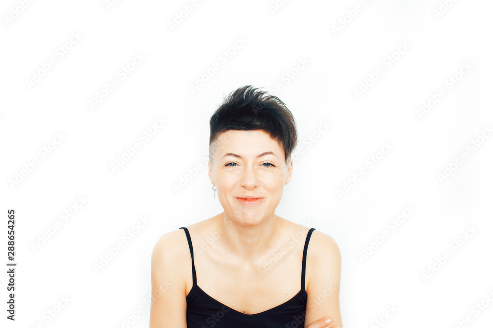young pretty brunette girl with modern short haircut posing cheerful smiling isolated on white background, lifestyle people concept young pretty brunette girl with modern short haircut posing cheerful smiling isolated on white background, lifestyle people concept