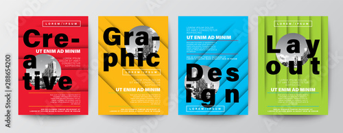 Set of Creative Graphic Design layout. Typography on Red, yellow, blue and green color background for Poster, Brochure, Flyer, leaflet, Annual report, Book cover, banner. Template in A4 size.
