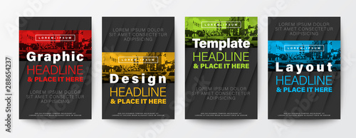 Set of Graphic Design template layout. Red, yellow, green, blue color stripe on black background for Brochure, Flyer, Poster, leaflet, Annual report, Book cover,  A4 size