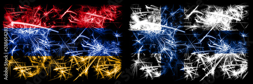 Armenia, Armenian, Finland, Finnish sparkling fireworks concept and idea flags