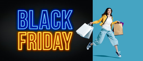 Black friday advertisement with cheerful shopping girl