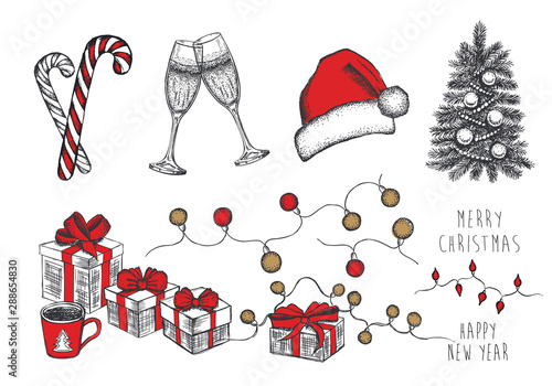 Christmas set. New Year card. Hand drawn illustration