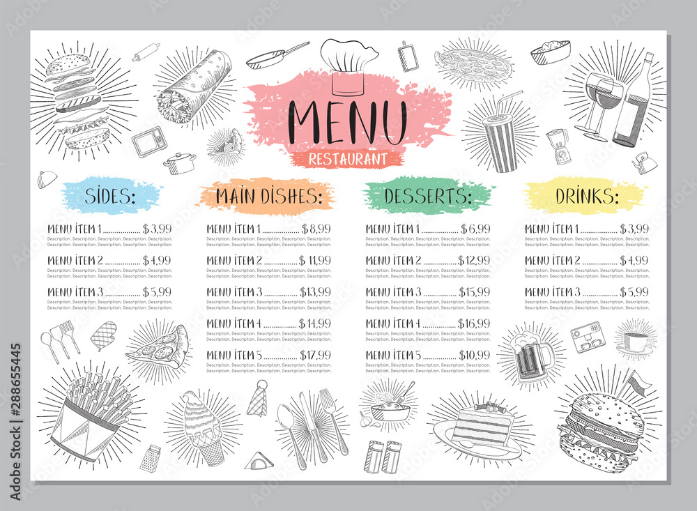 Restaurant menu template - A4 card (burgers, wraps, french fries, pizza; drinks, desserts, coffee, wine) - obrazy, fototapety, plakaty 