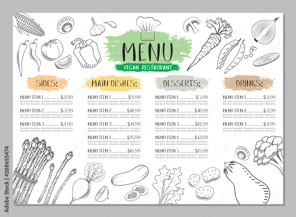 Vegan restaurant menu template - A4 card (vegetables drawings) - obrazy, fototapety, plakaty 