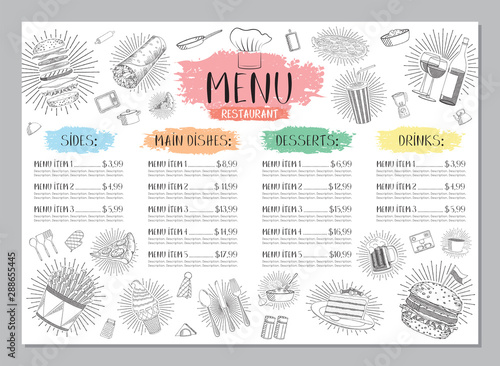 Restaurant menu template - A4 card (burgers, wraps, french fries, pizza; drinks, desserts, coffee, wine) photo