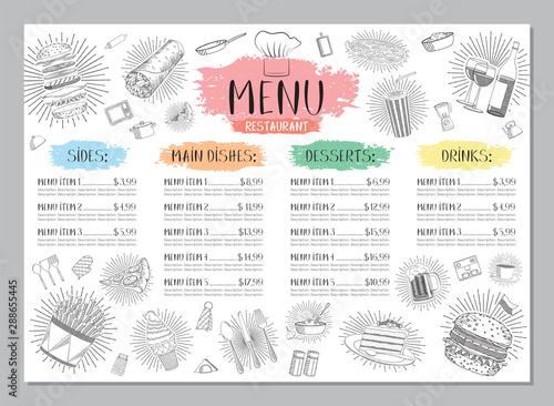 Restaurant menu template - A4 card (burgers, wraps, french fries, pizza; drinks, desserts, coffee, wine)