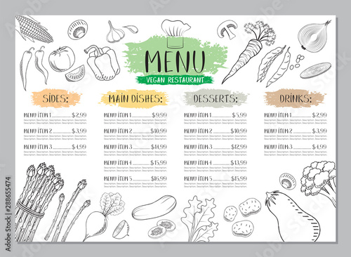 Vegan restaurant menu template - A4 card (vegetables drawings)