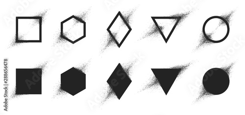 Vector set of geometric shapes with particle spray effect, Destruction of the figure turning into dust