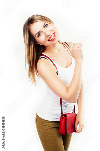 young pretty stylish hipster girl posing emotional isolated on white background happy smiling cool smile, lifestyle people concept photo