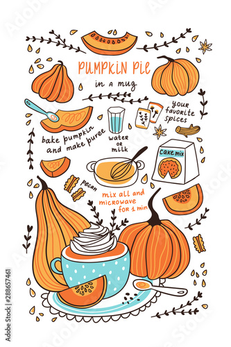 Cute hand drawn vector illustration. Pumpkin pie in a mug. Pumpkin recipe for thanksgiving day for tea towel design.