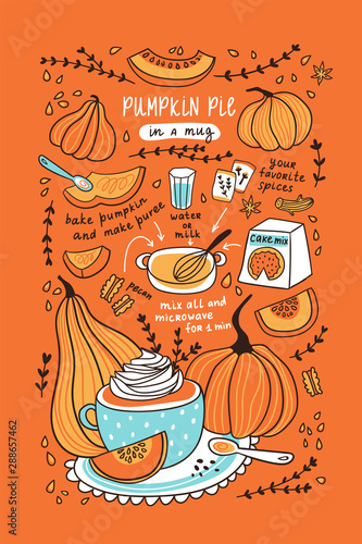 Cute hand drawn vector illustration. Pumpkin pie in a mug. Pumpkin recipe for thanksgiving day for tea towel design.