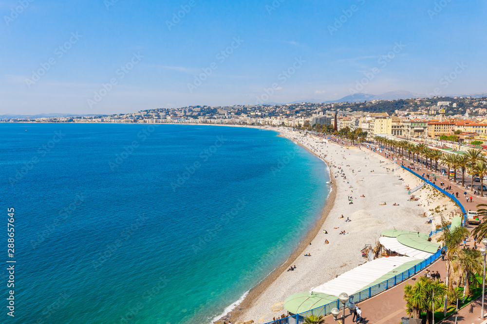 Landscape panoramic view of Nice, Cote d'Azur, France, South Europe. Beautiful city and luxury resort of French riviera. Famous tourist destination with nice beach on Mediterranean sea